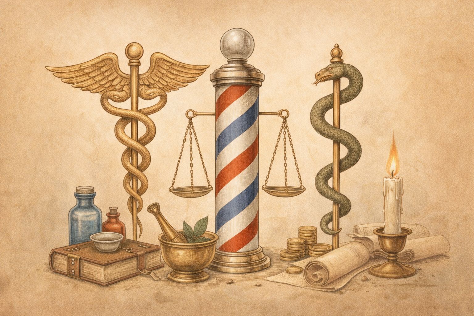 Caduceus and barber pole symbolism