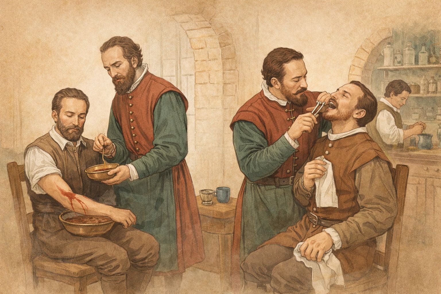 Historic depiction of barber-surgeons at work